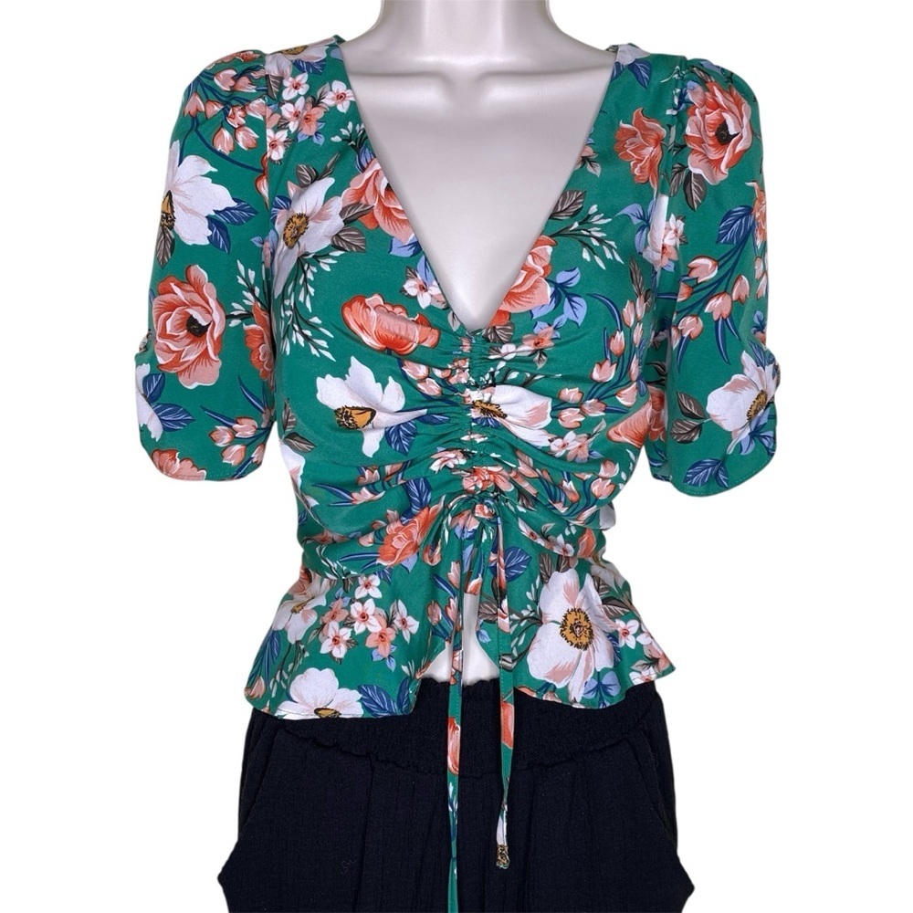Milk & Honey Floral Print V-Neck Ruched Green Blouse Size S Small